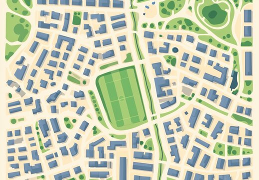 A flat vector map of an urban residential area with subtle gradients, featuring small streets.