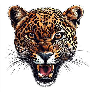 Fierce Leopard Head Illustration, Roaring with Sharp Teeth and Intense Eyes