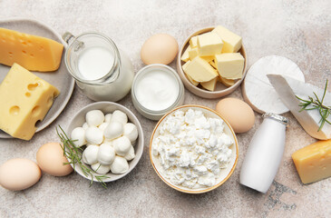 Dairy products assortment showcasing fresh milk cheese butter eggs