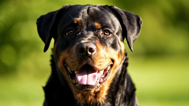 Stunning Close-Up Portrait of a Majestic Rottweiler Dog with a Happy Expression Outdoors