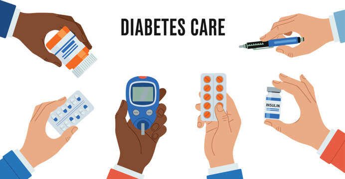 Comprehensive diabetes care medical set featuring hands holding glucose monitor insulin vial pills and syringes for healthcare awareness and diabetic management flat vector.