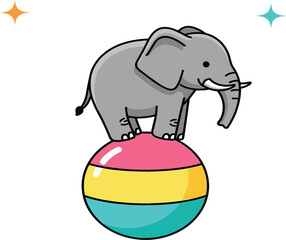 Obraz premium Cute circus elephant balancing on colorful ball vector illustration for kids nursery decor birthday invitations carnival theme posters and educational children books.
