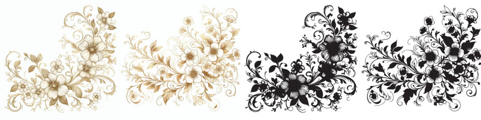 Vector floral pattern and elegant golden line silhouettes on white background.