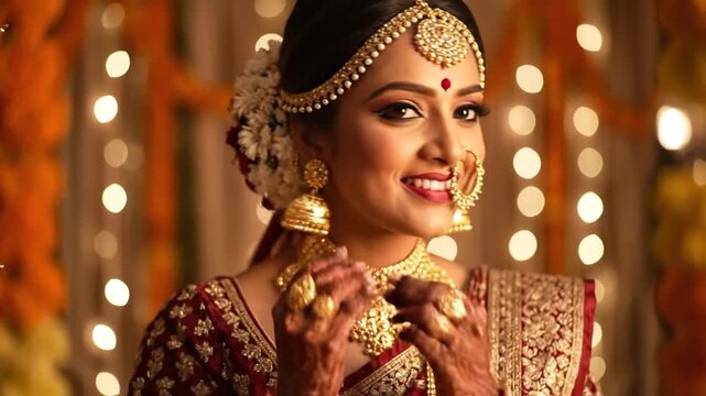 Stunning Indian Bride in Traditional Attire Gets Ready, Adorning Herself with Gold Jewelry for Her Wedding