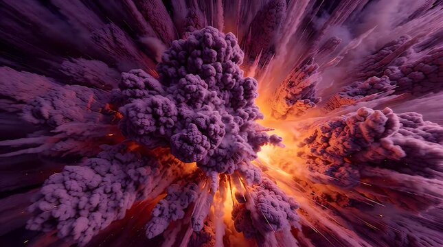 Textured purple clouds erupt around bright orange gas in this upward abstract view