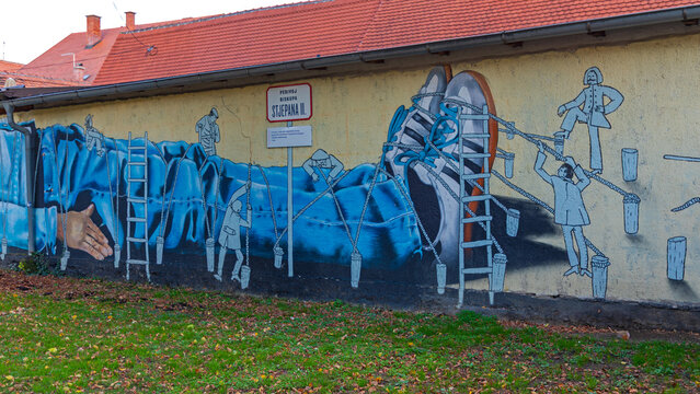 Long Mural Guliver at Wall in Town Park Zagreb Croatia