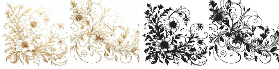 Vector floral pattern and elegant golden line silhouettes on white background.