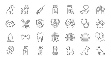 Essential line icons for pet care services, veterinary medicine, animal grooming, and companion animal well-being, ideal for digital design projects