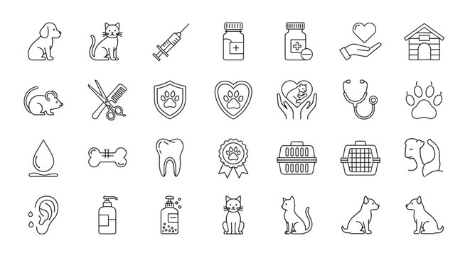 Essential line icons for pet care services, veterinary medicine, animal grooming, and companion animal well-being, ideal for digital design projects