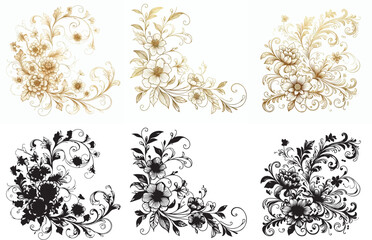 Vector floral pattern and elegant golden line silhouettes on white background.