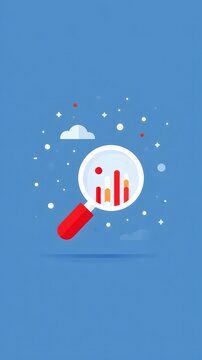 Data Analytics Business Intelligence Magnifying glass over graphs and data elements against a blue background.