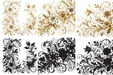 Vector floral pattern and elegant golden line silhouettes on white background.