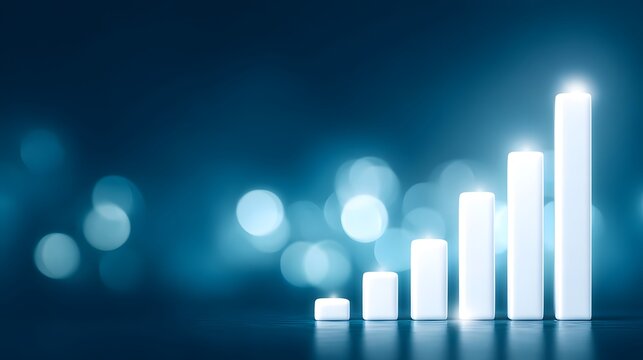 Data Analytics Business Intelligence Abstract glowing bar graph with a blue background representing growth and data analysis.