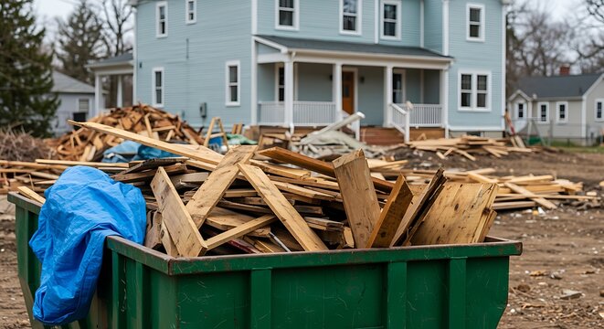 Green dumpster filled with wooden planks and debris in front of a blue house under construction