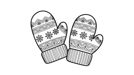 Line Art Winter Mittens With Snowflake Pattern On Black