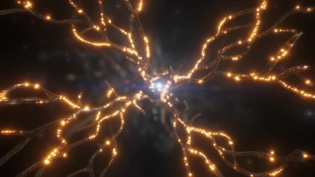 Abstract Neural Network Synapse Connection Glowing Orange Lights Pulsating Energy Flow Digital
