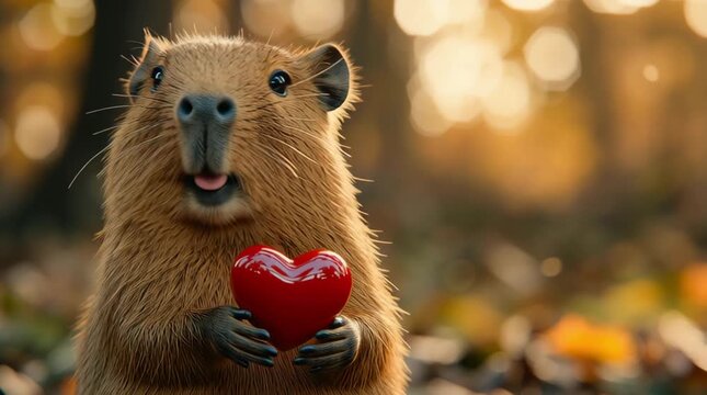 A cute capybara holds a red heart in its paws on a blurred natural background, representing the concept of love and Valentine's Day.	