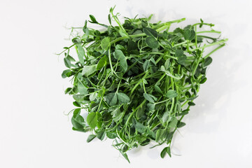Bunch of pea microgreens on white background. Microgreens - healthy food. Selective focus.