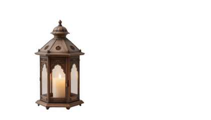 Vintage bronze lantern with candle inside on white background decorative lighting fixture