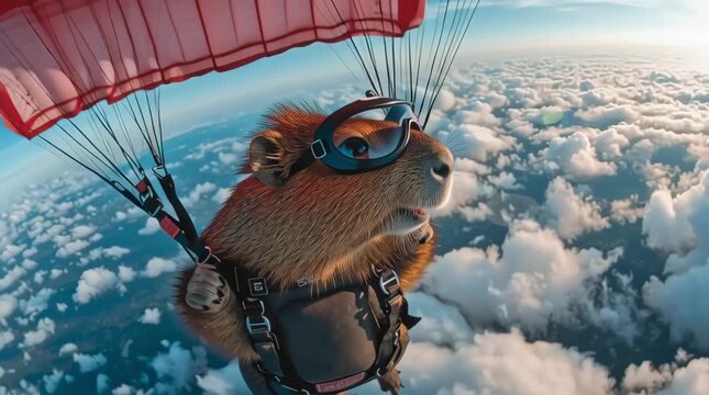 A funny capybara wearing goggles is parachuting above the clouds, a concept of extreme, adventurous, and humorous animal travel.