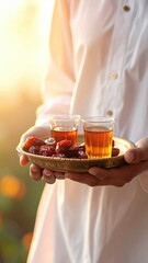 Man in Traditional White Clothing Offers Dates and Tea at Sunset with Soft Golden Light Outdoors