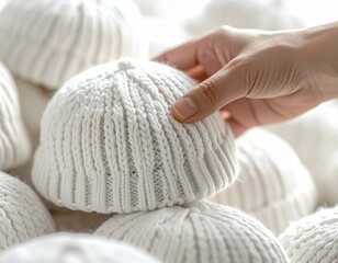Close Up Of A Hand Selecting A White Knitted Beanie From A Pile Of Winter Hats