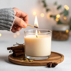 Hand Lighting White Scented Candle with Cinnamon Sticks and Star Anise on Wooden Plate Cozy Winter Ambiance Bokeh Lights Background