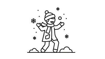 Happy Child Playing In Snow With Snowflakes Winter Outline Icon