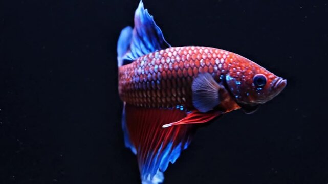 A magnificent, vibrant tropical fish gracefully glides through dark water, showcasing its stunning red and brilliant blue flowing fins. The intricate patterns on its body and the delicate movement of 