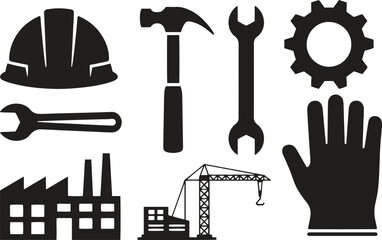 Fototapeta premium Silhouette construction tools and worker icon set. Builder, labor, factory, work equipment. Vector illustration isolated on white background