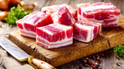 Freshly Cut Bacon and Pork Belly Pieces on Wooden Board with Spice and Herbs for Cooking or Food Preparation