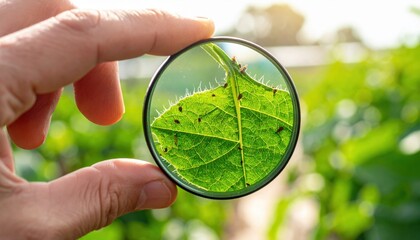 Close-up macro view of small insects on a vibrant green leaf held by a hand in bright daylight with a blurred garden background