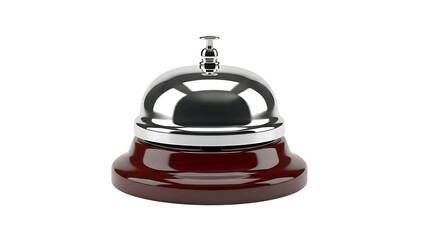 Polished chrome hotel reception bell on a dark wood base, isolated on a white background.