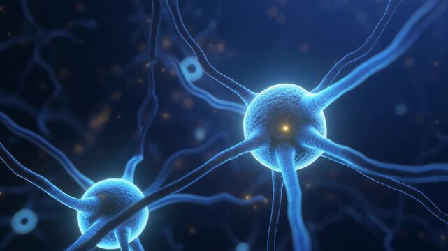 Neural network abstract background glowing blue neurons and synapses transmitting signals in dark