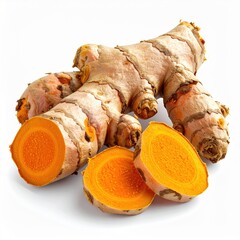 Whole and sliced turmeric root with vibrant orange flesh on a clean white background a close-up studio shot highlighting its texture and color for culinary and medicinal use