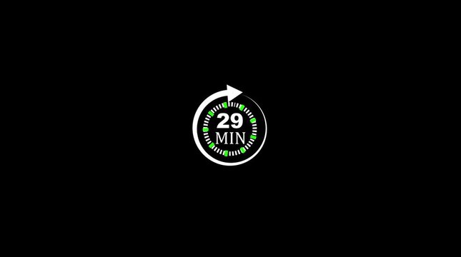 White arrow timer with 29 minutes displayed on a black background countdown