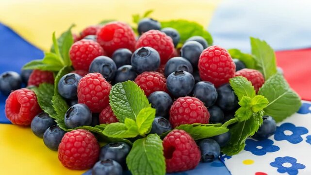 Fresh Berries and Mint Arrangement Healthy Food Close Up.