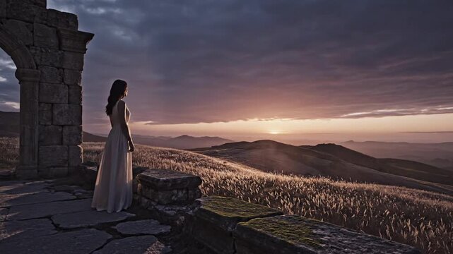 Woman in flowing white dress standing beside ancient stone arch at sunset over rolling hills