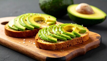 Homemade Avocado Toast with Salt and Pepper on a wooden board, side view. 