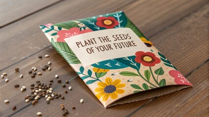 Seed Packet on a Wooden Table Illustrating Growth