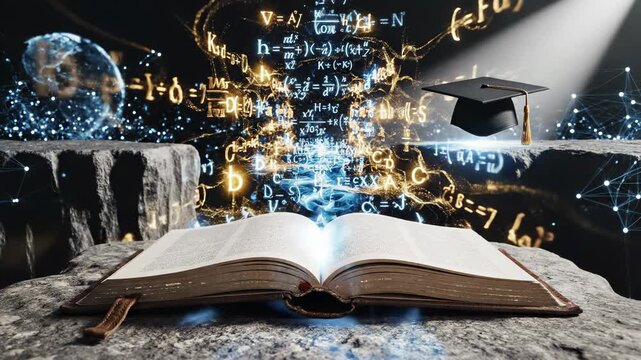 Open book with mathematical formula and glowing symbol stone table, graduation cap, abstract background, science, education, knowledge, learning, creativity, inspiration, academic achievement