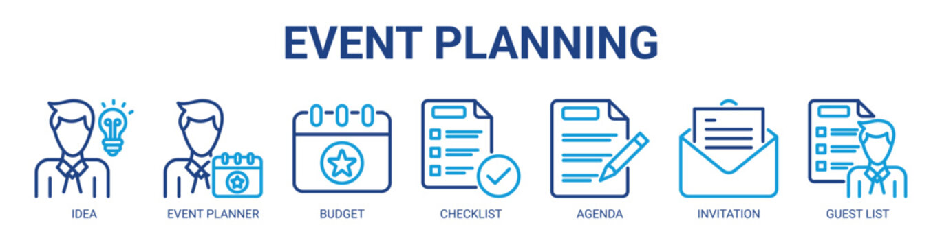 Event Planning web banner icon vector illustration concept with icon of idea, event planner, budget, checklist, agenda, invitation, and guest list.