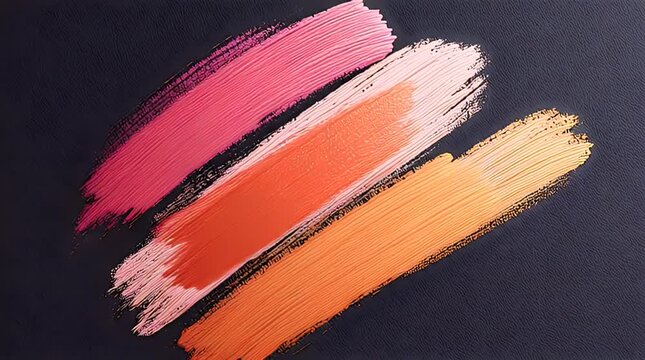 Three diagonal swipes of pink, peach, and orange paint on a dark textured background