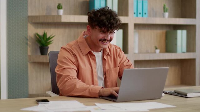 Caucasian business man winning laptop in office yelling happy businessman win online with computer betting yell celebrating achieve success guy male entrepreneur specialist reading good news in office