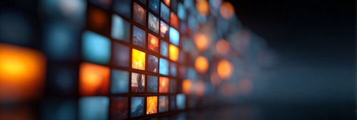Modern digital video wall displaying multiple screens with abstract content, representing data streaming, communication, and information technology in a futuristic setting