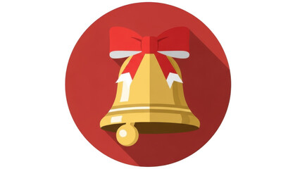 Golden Christmas Bell Icon With Red Bow And Long Shadow
