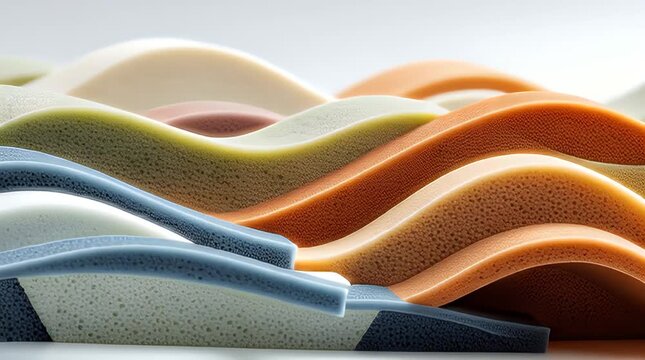 Colorful, textured, sponge-like waves in undulating layers with a gradient background. Smooth and porous feel
