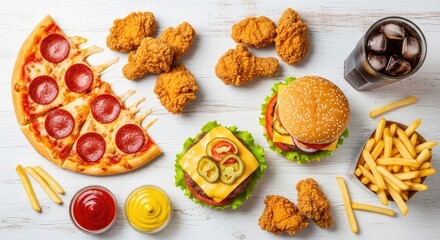 A delicious assortment of fast food items including pizza, burgers, fried chicken, french fries, and a refreshing drink, perfect for a casual meal