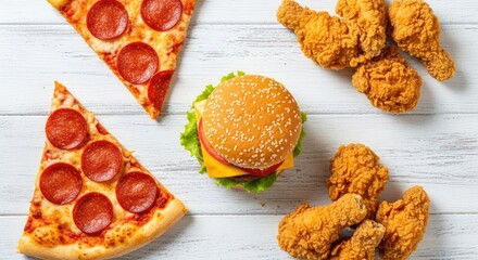 A delicious assortment of fast food items, including pizza slices, a cheeseburger, and fried chicken pieces, displayed on a white wooden surface