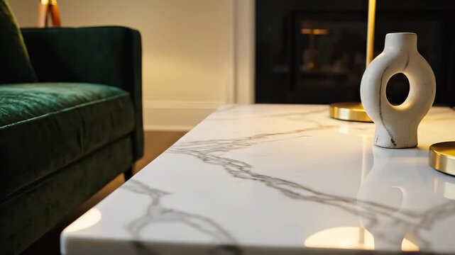 Marble Table Modern Vase Gold Lamp Green Velvet Sofa Living Room Luxury Interior Contemporary Style Elegant Cozy Ambiance with Soft Lighting and Wooden Floor for Relaxation